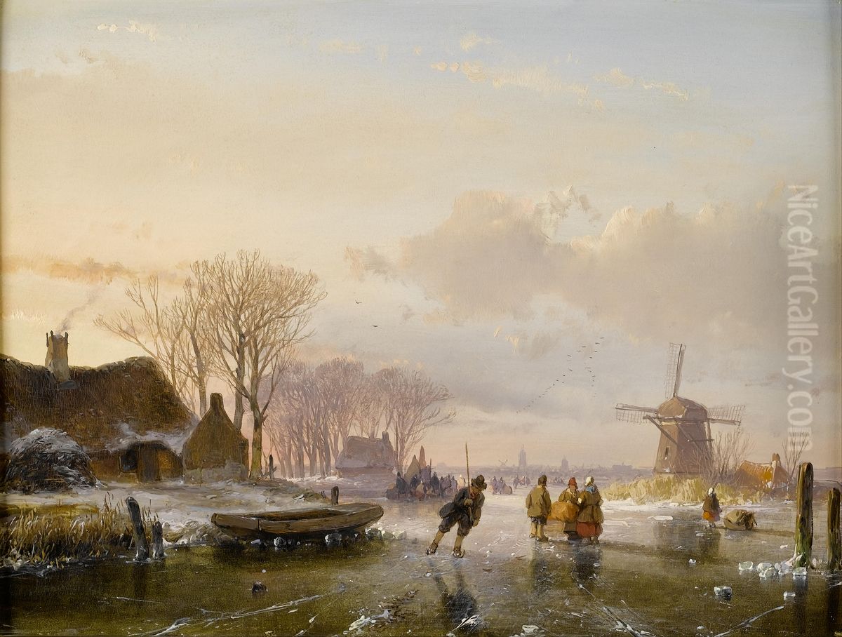 Skaters And Figures On A Frozen River, Haarlem In The Distance Oil Painting by Andreas Schelfhout