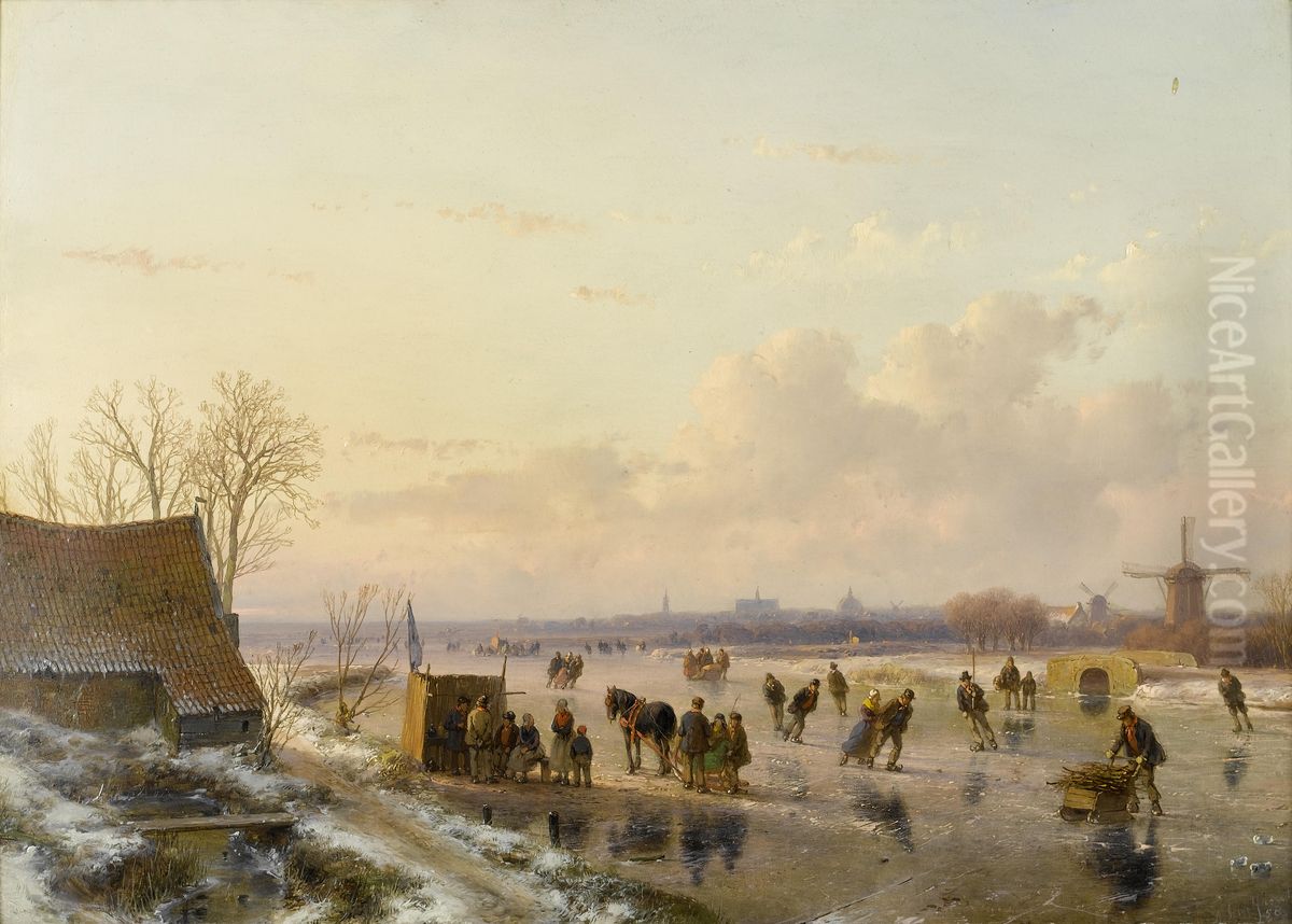 Winter Landscape With Skaters, Haarlem In The Distance Oil Painting by Andreas Schelfhout