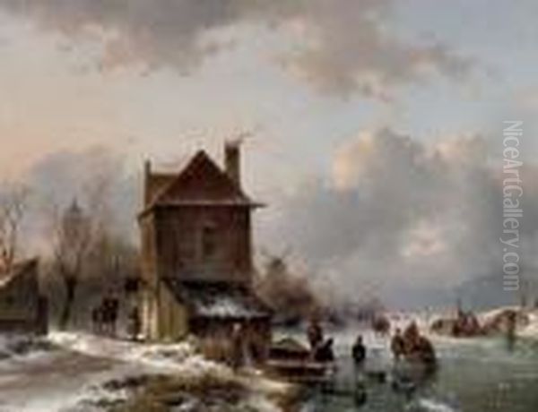 Wintergezicht Met Schaatsrijders: A Busy Day On The Ice Oil Painting by Andreas Schelfhout