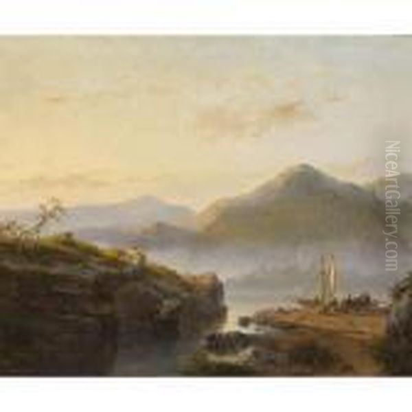 Figures Unloading A Sailing Vessel In A Mountainous Landscape Oil Painting by Andreas Schelfhout