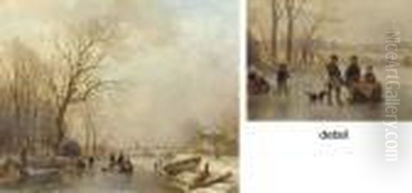 An Extensive Sunlit Winter 
Landscape With A Huntsman Conversing With Villagers On The Ice Oil Painting by Andreas Schelfhout