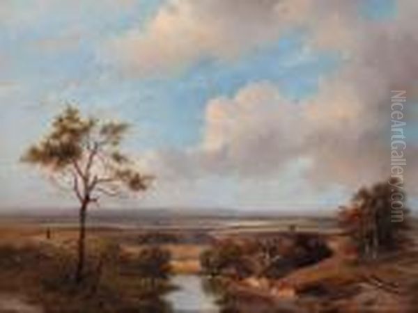 A Panoramic Dune Landscape In 
The Vicinity Of Haarlem With Villagers Conversing By A Barn In The 
Foreground Oil Painting by Andreas Schelfhout