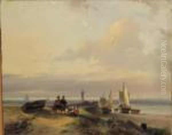 A Beach Scene With Fisherfolk Chatting In The Dunes Oil Painting by Andreas Schelfhout