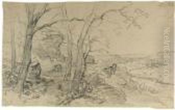 A Wooded River Landscape With Travellers Near A Ruin Oil Painting by Andreas Schelfhout