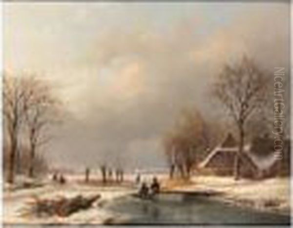A Winter Landscape With 
Sportsmen Conversing On The Ice, A Peasantcouple On A Path And Farms 
Beyond Oil Painting by Andreas Schelfhout