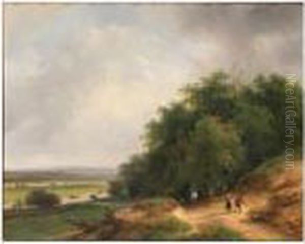 An Extensive Wooded Summer 
Landscape With A Man On A Horseback Andtravellers On A Sloping Sandy 
Track Oil Painting by Andreas Schelfhout