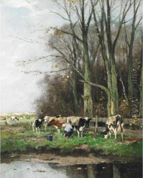 Milking Time Holland Oil Painting by Johan Frederik Corn. Scherrewitz