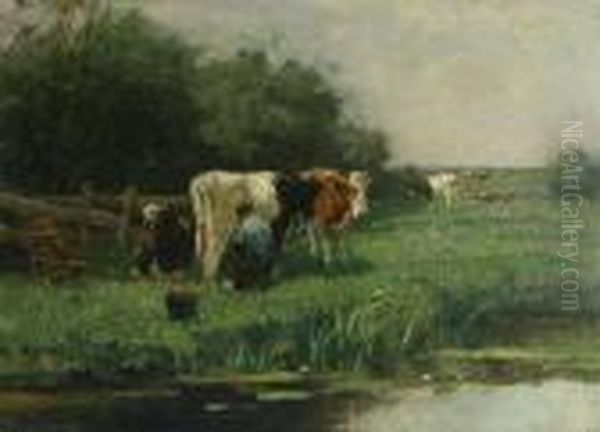 Milking The Cows Oil Painting by Johan Frederik Corn. Scherrewitz