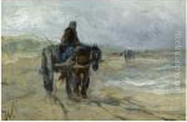 A Shell Fisher On The Beach Oil Painting by Johan Frederik Corn. Scherrewitz