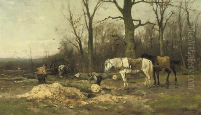 Wood-cutters On The Edge Of A Forest Oil Painting by Johan Frederik Corn. Scherrewitz