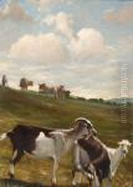 Billy Goat And Goats In A Landscape Oil Painting by Johan Frederik Corn. Scherrewitz