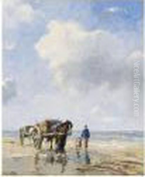 A Shellfisher On Scheveningen Beach Oil Painting by Johan Frederik Corn. Scherrewitz