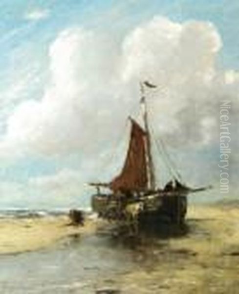 A Beached Bomschuit, Unloading Oil Painting by Johan Frederik Corn. Scherrewitz