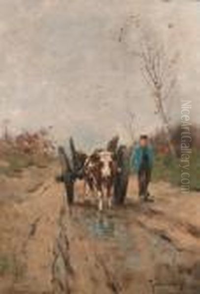 A Farmer And An Ox-drawn Cart On A Sandy Track Oil Painting by Johan Frederik Corn. Scherrewitz