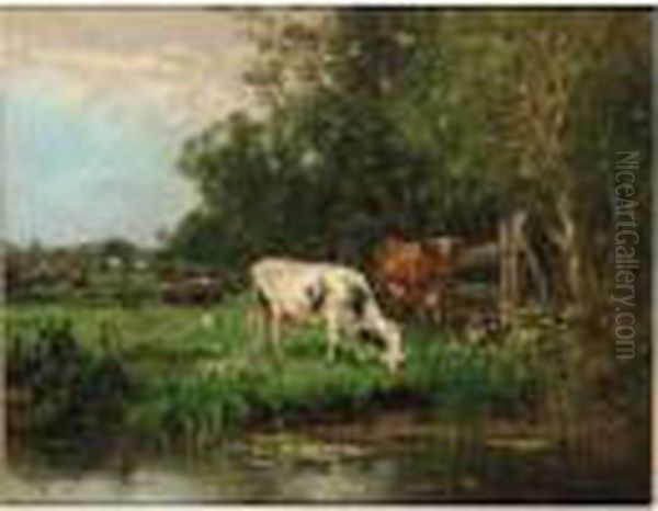 Cows Watering In A Meadow On The Edge Of A Forest Oil Painting by Johan Frederik Corn. Scherrewitz