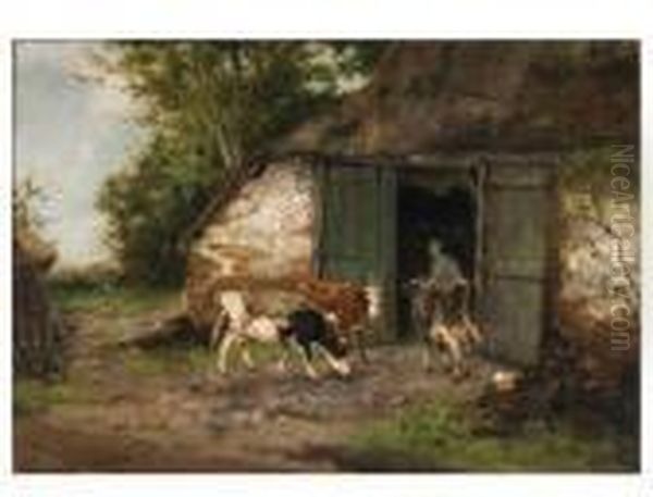 Farmer And Cattle By A Stable Oil Painting by Johan Frederik Corn. Scherrewitz