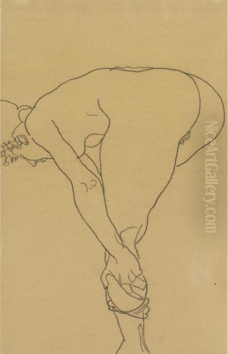 Stehender Weiblicher Akt, Strumpf Ausziehend Oil Painting by Egon Schiele