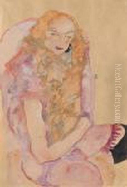 Sitzende Frau Mit Langem Haar Im Pinken Und Gelben Kleid Oil Painting by Egon Schiele