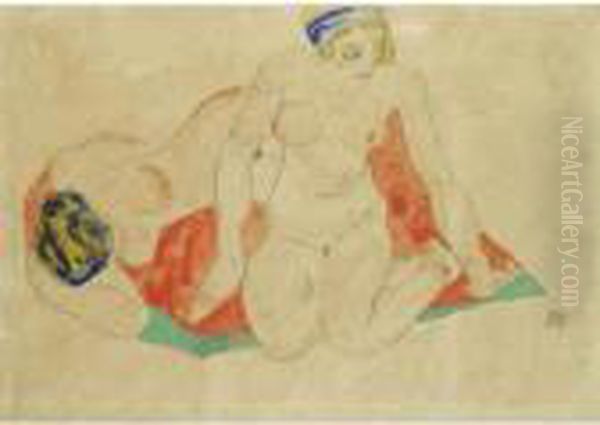 Liegende Und Sitzende Weibliche 
Akte Auf Rot-grunem Tuch (recliningand Seated Female Nudes On A Red And 
Green Cloth) Oil Painting by Egon Schiele