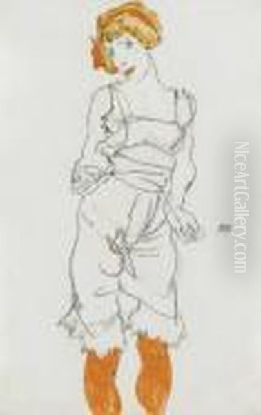 Frau In Unterwasche Und Strumpfen (valerie Neuzil) Oil Painting by Egon Schiele