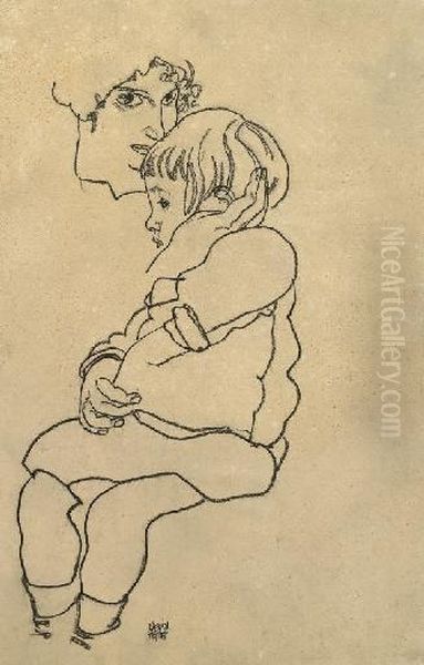 Schieles Schwester Gerti Mit 
Ihrem Sohn Anton (schiele's Sister Gertrude With Her Son Anton) Oil Painting by Egon Schiele