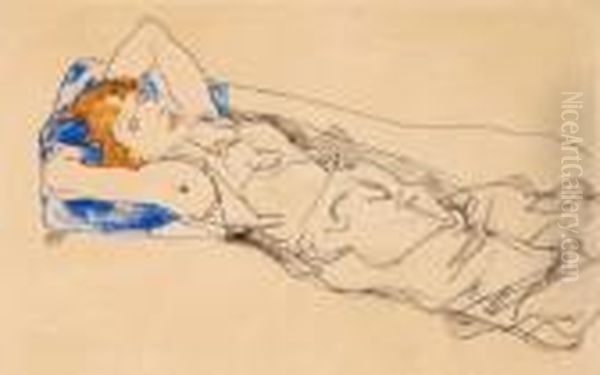 Auf Einem Blauen Polster Liegende Mit
 Goldblondem Haar (wally Neuzil) Oil Painting by Egon Schiele