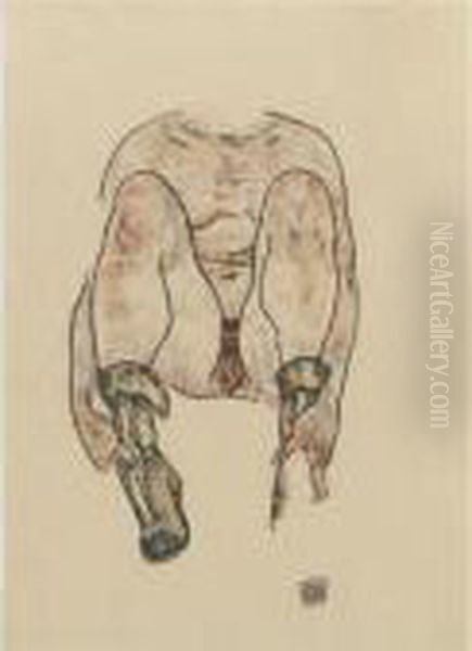 Sitzender Weiblicher Akt Mit 
Grunen Stiefeln (torso) (seated Female Nude With Green Boots (torso)) Oil Painting by Egon Schiele