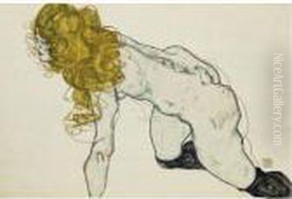 Property From A Private 
Collection
 

 
 
 

 
 Sich Aufstutzende Blonde Nackte Mit Dunklen Strumpfen 
(kneeling Blonde Nude With Dark Stockings) Or Kauernder Weiblicher Akt 
Mit Blonden Haaren Und Aufge Oil Painting by Egon Schiele