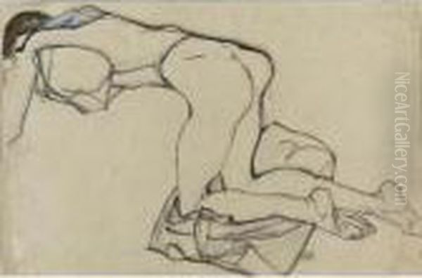 Nacktes Madchen, Mit Einer 
Blauen Bluse Leicht Bekleidet, Auf Einem Tuch Kniend (nude Girl, 
Scantily Dressed In A Blue Blouse, Kneeling On A Cloth) Oil Painting by Egon Schiele