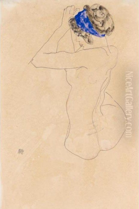 Sitzender Weiblicher Akt Mit 
Blauem Kopfband, Die Hande Erhoben (seated Female Nude With Blue 
Headband, Hands Raised) Oil Painting by Egon Schiele