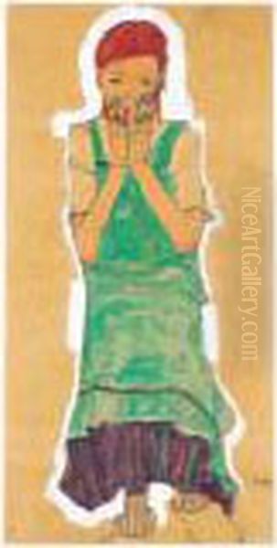 Madchen Mit Gruner Schurze (girl With Green Pinafore) Oil Painting by Egon Schiele