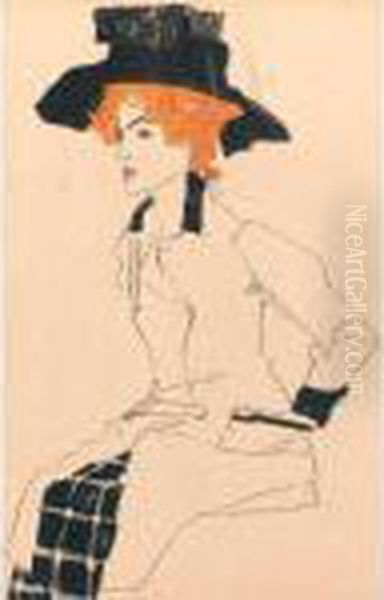 Portrait Of Woman With Big Hat 
(gertrude Schiele); And (portrait Of A Woman) (see Jane Kallir, Egon 
Schiele The Complete Works 488 And 468) Oil Painting by Egon Schiele
