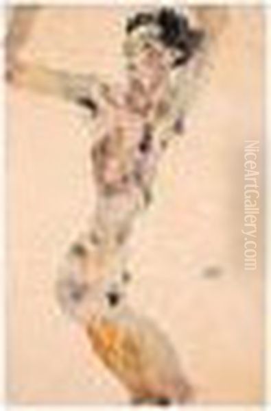 Mannlicher Akt Mit Erhobenen 
Armen (selbstbildnis) (male Nude With Raised Arms - Self-portrait) Oil Painting by Egon Schiele