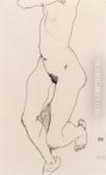 Running Woman (recto); Prostrate Female Nude (verso) Oil Painting by Egon Schiele