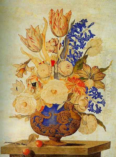 Gilded and Embossed Vase Filled with Snowballs Roses and Tulips Oil Painting by Andrea Scacciati I