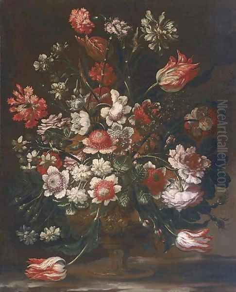Tulips, carnations, chrysanthemum, narcissi, roses and other flowers in an urn on a marble ledge Oil Painting by Andrea Scacciati I