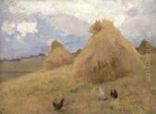 HaÂ¶ns Bland HaÂ¶stackar (chickens Among Haystacks) Oil Painting by Helene Schjerfbeck