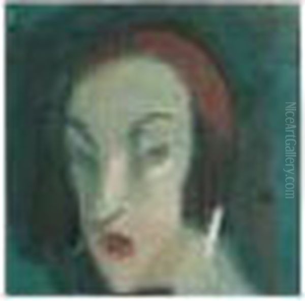 Vihreataustainen Neito (girl Against A Green Background) Oil Painting by Helene Schjerfbeck