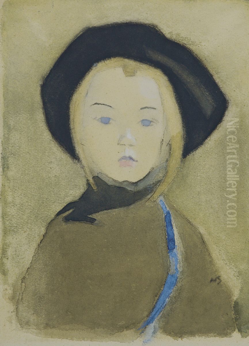 Girl With Blue Ribbon Oil Painting by Helene Schjerfbeck