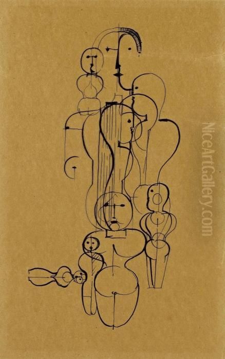 Gestaffelte Figuren Bzw. Gestaffelte Figuren >kk<</b> Oil Painting by Oskar Schlemmer