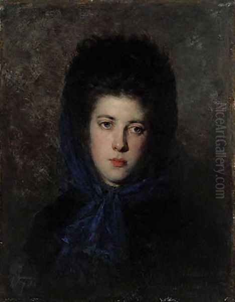 Portrait of a Woman in a Blue Shawl Oil Painting by Zygmunt Sidorowicz