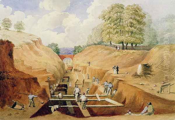 Building the Brighton Railway, 1840 Oil Painting by A. Simpson