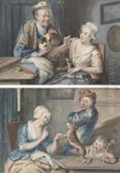 Un Couple Avec Un Chien Et Un 
Chat Dans Un Interieur; Et Une Famille Jouant Avec Un Chien Dans Un 
Interieur Oil Painting by Aert Schouman