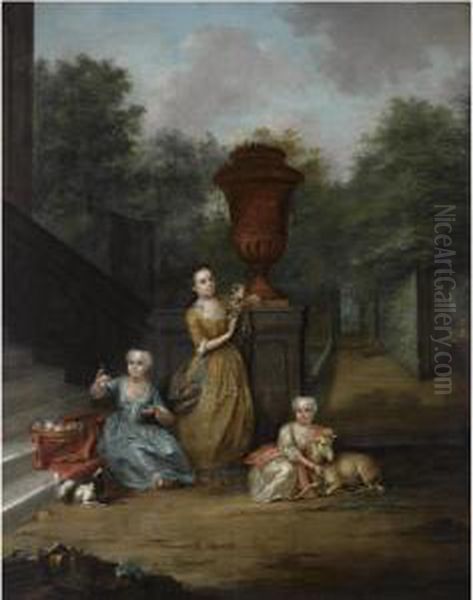 A Portrait Of Maria Christina 
(born 1723), Adriana (born 1728) And Christina Elisabeth (born 1729) 
Pompe Van Meerdervoort At The Family's Country Estate Oil Painting by Aert Schouman