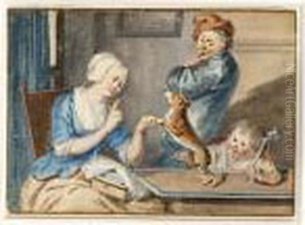 A) A Couple In An Interior With A
 Cat And A Dog; B) A Couple And Child In An Interior Teasing A Dog Oil Painting by Aert Schouman