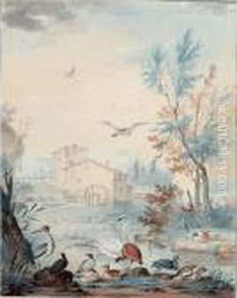 A) A Southern Landscape With A 
Peacock, A Monkey, Parrots, Hens And Chicks; B) A River Landscape With A
 Watermill, A Swan And Other Waterbirds In The Foreground Oil Painting by Aert Schouman