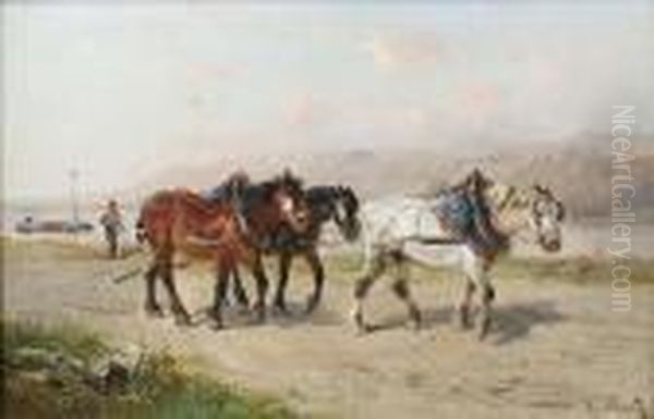 Cart Horses On A Coastal Road Oil Painting by Henry Schouten