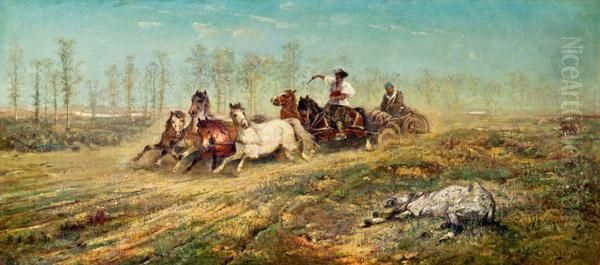 Pferdegespann In Wilder Fahrt Oil Painting by Adolf Schreyer