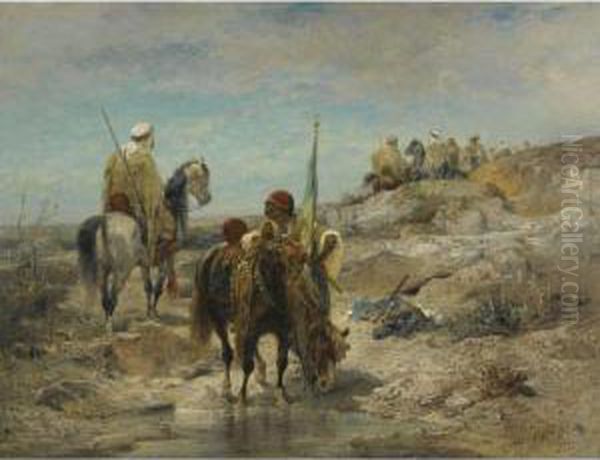 Riders At A Watering Hole Oil Painting by Adolf Schreyer