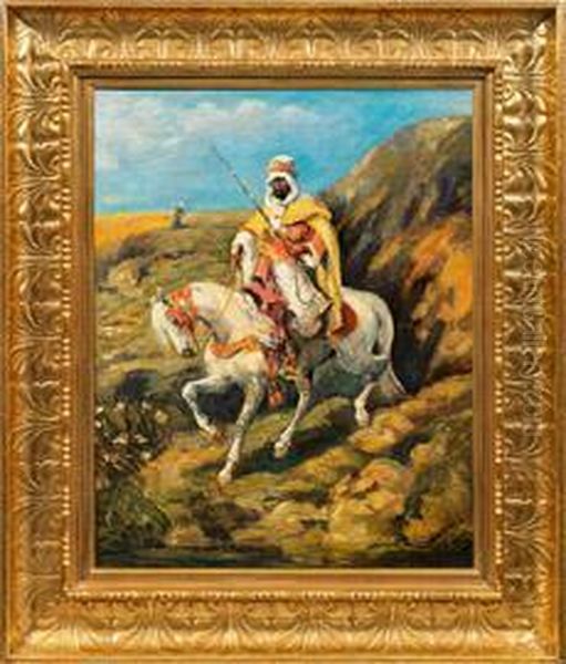 Araber Zupferde 
Bewaffneter Araber An Einem Flussufer Oil Painting by Adolf Schreyer